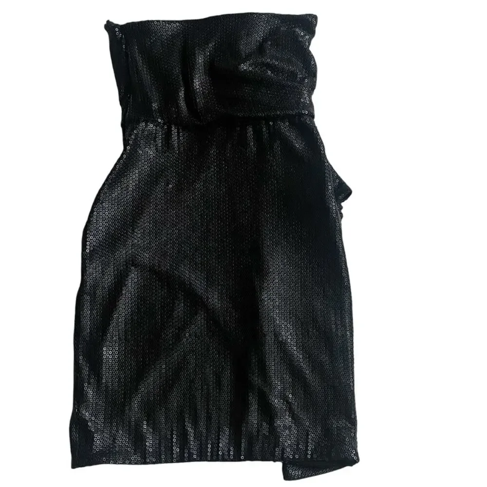 HALSTON HERITAGE NWT Strapless All Over Sequin Dress Bow Detail Matte Black Sz 2 - Picture 2 of 10